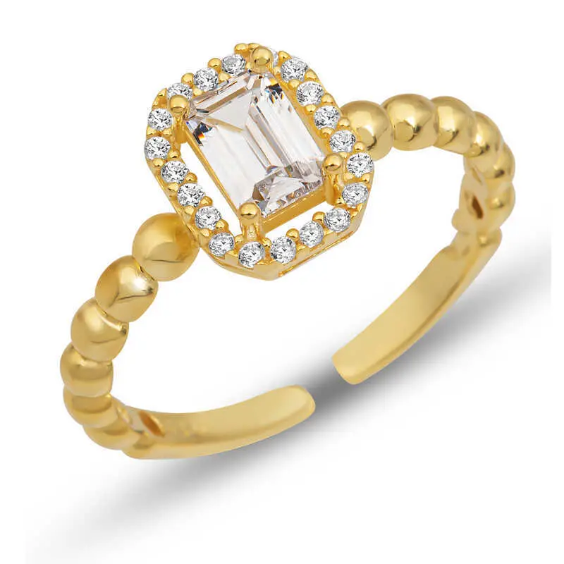 Sterling Silver Gold Plated White Zircon Adjustable Ring 925 Anniversary Auspicious Birthday Daily Engagement Wedding Casual