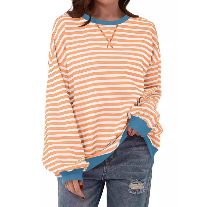 Women's Colorblock Striped Print Contrast Binding Drop Shoulder Sweatshirt, Casual Long Sleeve Round Neck Pullover for Fall & Winter, Ladies Clothes for Daily Wear, Tops for Women Womenswear Hoodie Bridal Comfort Crewneck Baggy Loose 4