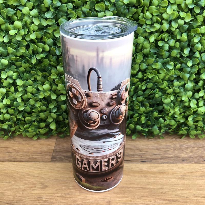 Apocalyptic Gamer's Life 20oz Skinny Tumbler (Drinkware Flask) Insulated Stainless Steel with reusable airtight insulation lid and plastic or metal straw 2