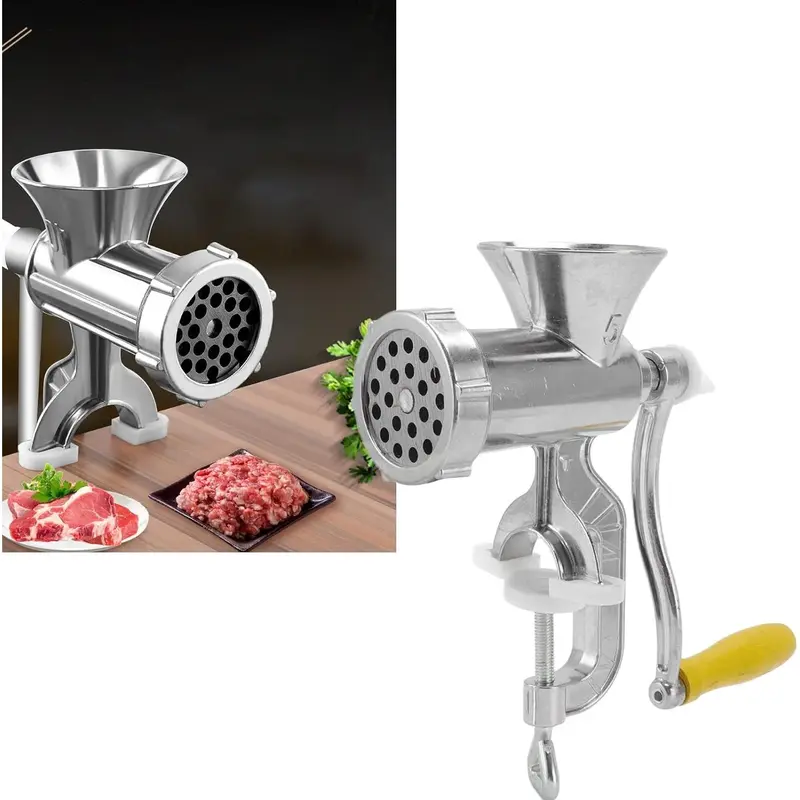 Small Meat Grinder Manual Meat Stuffer Sausage Maker Aluminum Alloy Composite Wood Incisive Blade Silver Meat Filling Kitchen Machine for Meat Sausage Cookies Easy to Clean 7