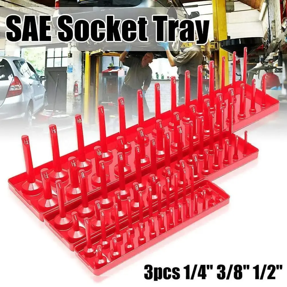 3PCS 1/2" 3/8" 1/4" SAE Socket Tray Organizer Multifunctional Sleeve Holder Storage Tool Metric Imperial Plastic Sleeve Bracket RED