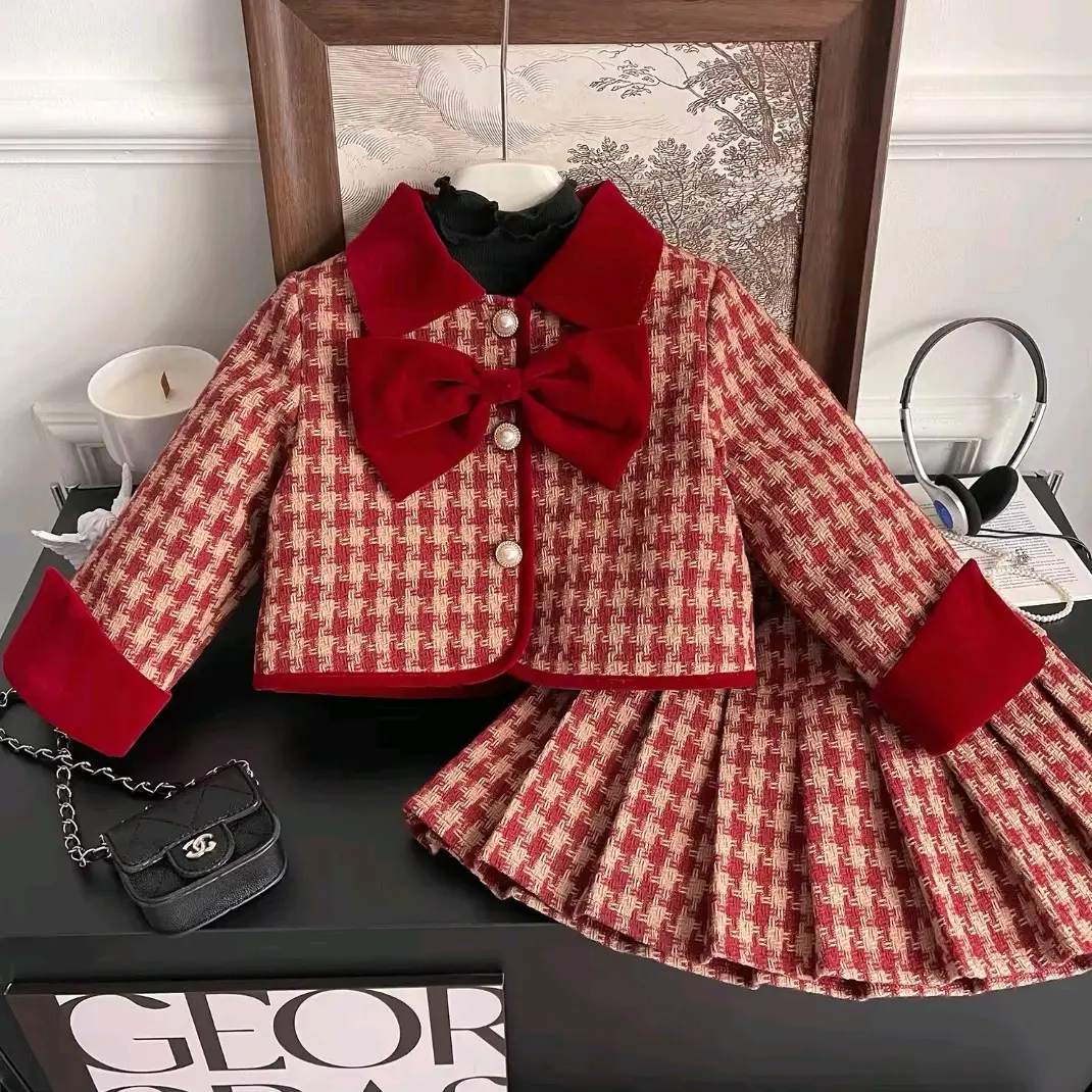 Girls Red Tweed Look Blazer and Skirt Suit for Kids Fashion