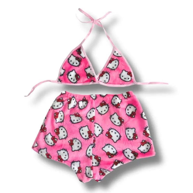 Hello Kitty kawaii cute fluffy pj pyjamas set shorts+bra top aesthetic pink clothing short and top set for women
