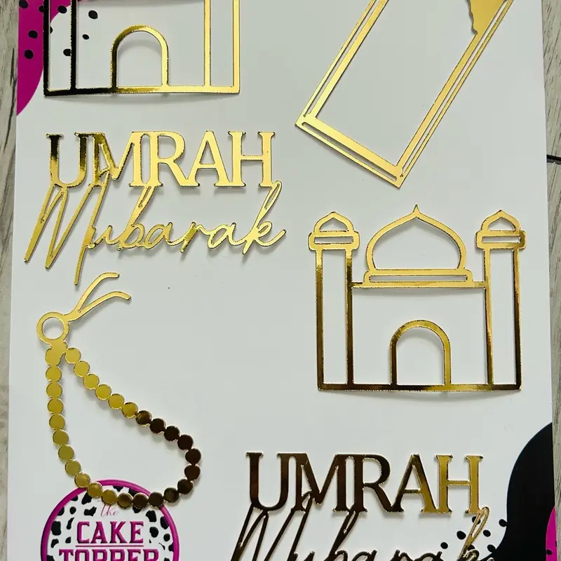 Umrah Mubarak Mixed Cupcake Topper Set with Mosque, Prayer Mat, Prayer Beads, and Tasbih - Ornaments, Decor Metallic Gift 4