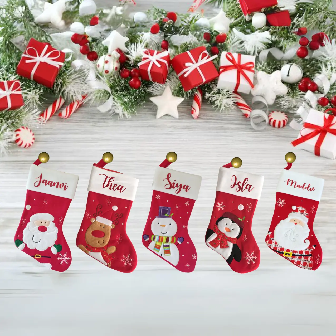 Personalised Red and White Stocking - Personalised stocking - Christmas stocking - Snowman - Santa - Reindeer - Penguin Ornaments Decor