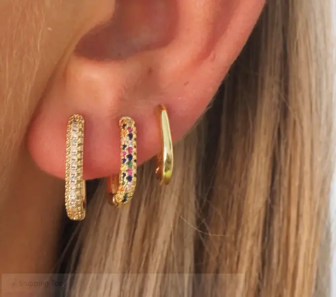 Colourful Gold Earring Stack Set Gold Link Hoop Ear Stack Set Triple Earring Set For Multiple Piercing Gold Hoop Earring Set of 3 Piece Hoop