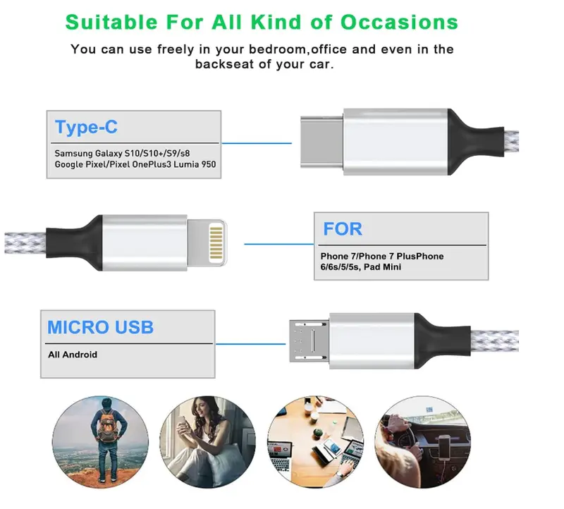 Multi 3 in 1 USB Long iPhone Charging Cable, Nylon Braided Universal Phone Charger Cord USB CMicro USBLightning Connector Adapter for Android/Apple/Samsung/LG/Pixel/Huawei/Xiaomi 1