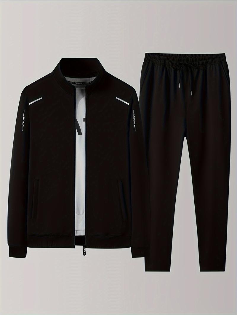 Product Introduction of Stylish Sports Outfit| Men's Athletic & Casual Tracksuit Set - Zip-Up Stand Collar Jacket with Pockets & Elastic Waist Joggers, Polyester Blend, Black - Perfect for Spring/Fall 6