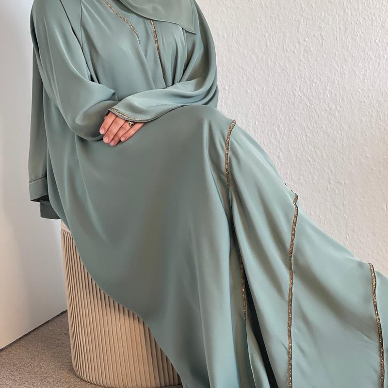 Ameerah Sage Green Abaya with Silver Diamanté Work party wear occasion Eid abayas classy 1