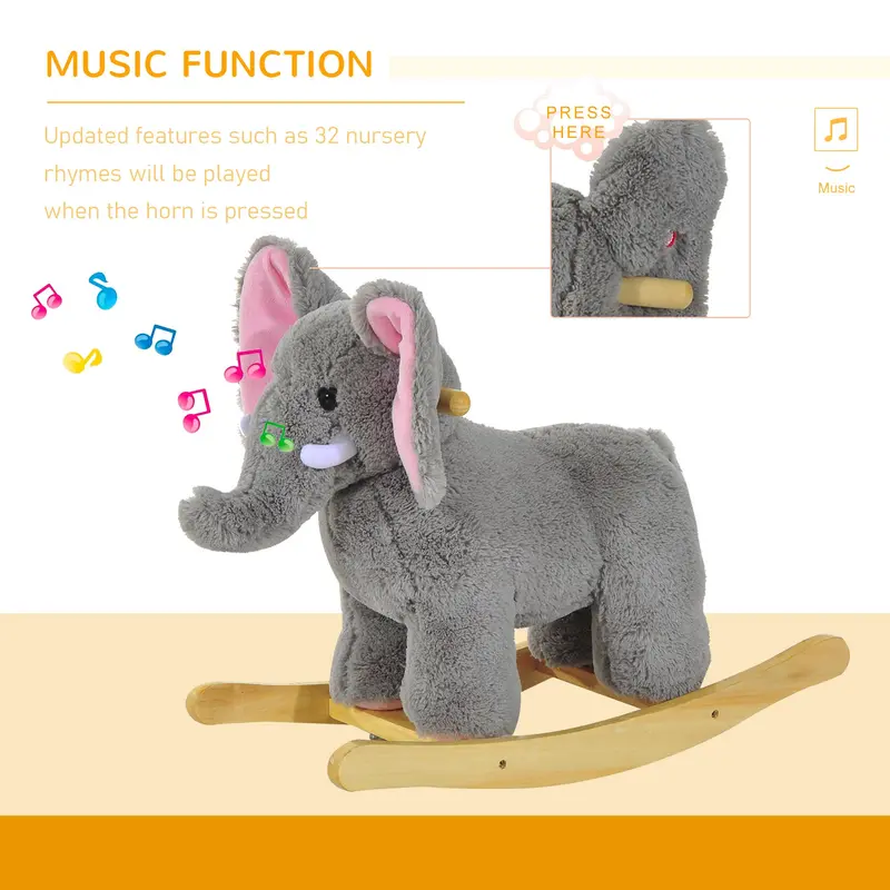 HOMCOM Kids Children Rocking Horse Plush Ride on Animal Wooden Riding Traditional Rocker Gift w/32 nursery rhymes (Grey Elephant) 5