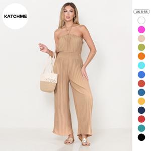 KatchMe Women's Elegant Tie-Up Ruched Thin Waist Pleated Wide Leg Jumpsuit,Holiday Womenswear,Womens Wide Leg Romper,Fitted Sleeveless Halter Jumpsuit