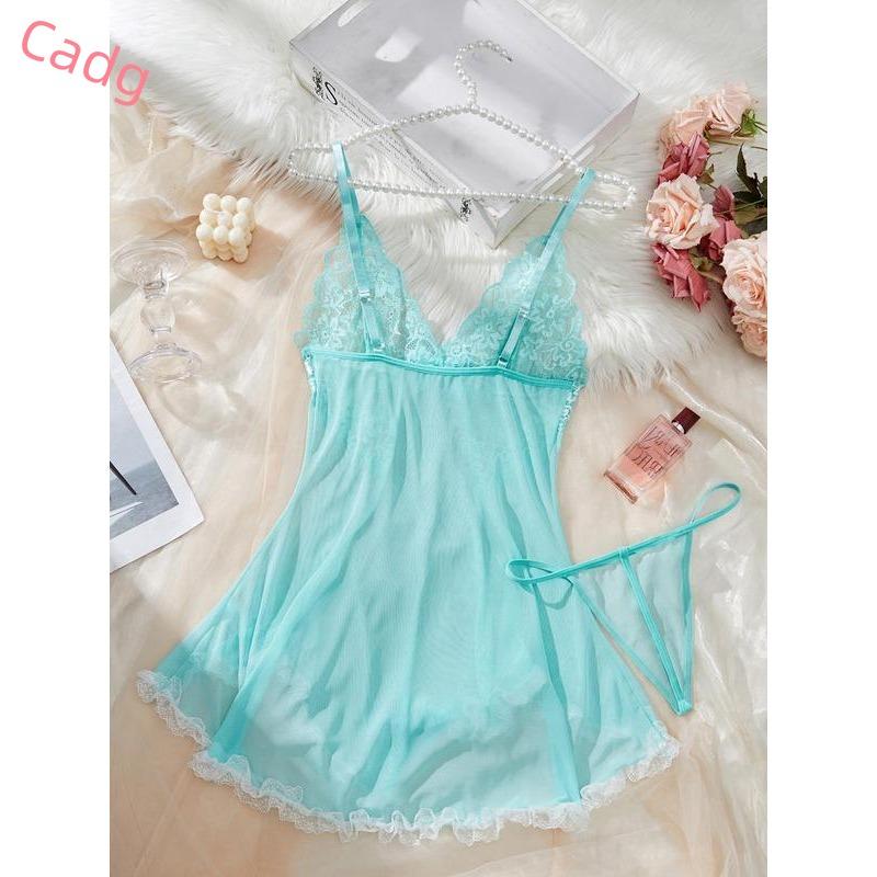 Women's Contrast Lace Bow Decor Cami Nightdress & Panty Two-Piece Set, Solid Color Deep V Neck Nightgown & Panty, Ladies Sleepwear for All Seasons Womenswear Loungewear 8