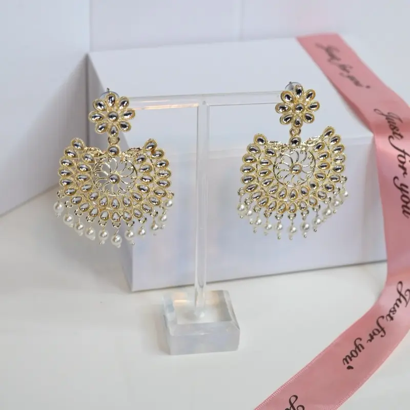 White Indian Earrings with Gold Kundan Pearl Chaandbali and Jhumka Design