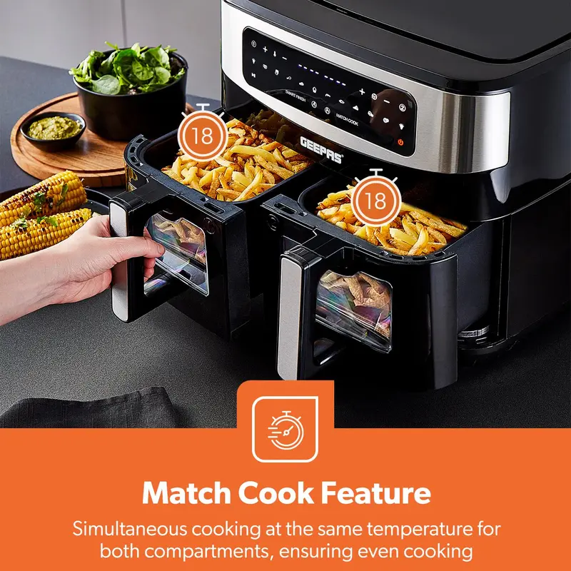 GEEPAS Dual Air Fryer Dual Zone Family Sized Multi Cooker 3 draws Included 2600W 4