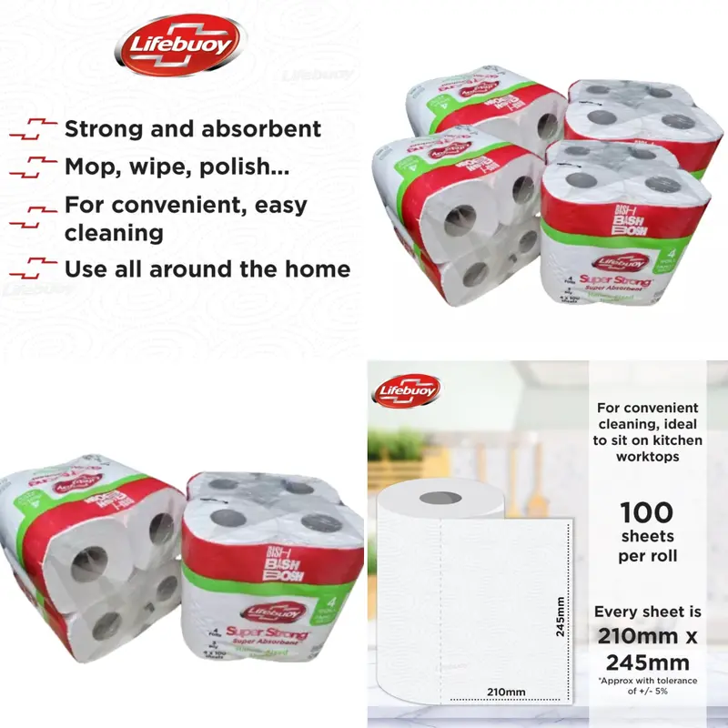 24 x Lifebuoy Super Strong Kitchen Roll - 100 Sheets (Per Roll)(2,400 SHEETS) - 6 Packs of 4 Rolls - 3PLY Layer Embossed Sheets for Absorbency - Strong & Durable - Cleaning Wipes 0