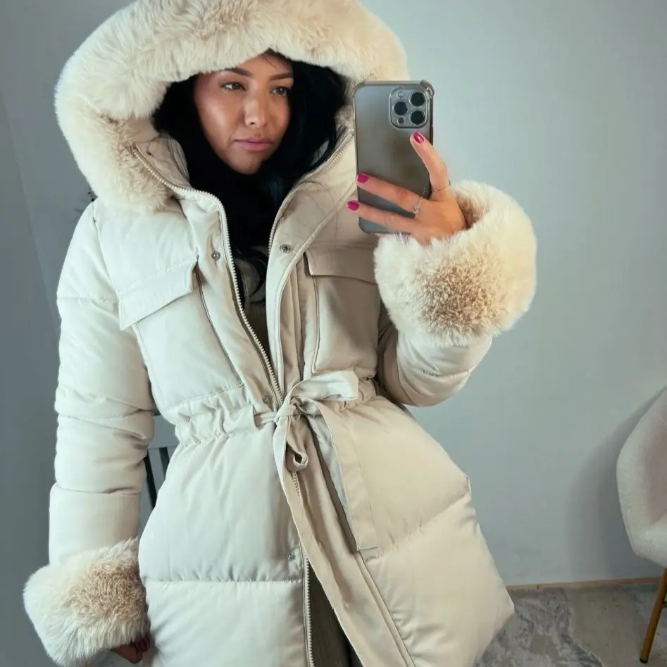 Olivia Waist Tie Puffer Hooded Faux Fur Coat.