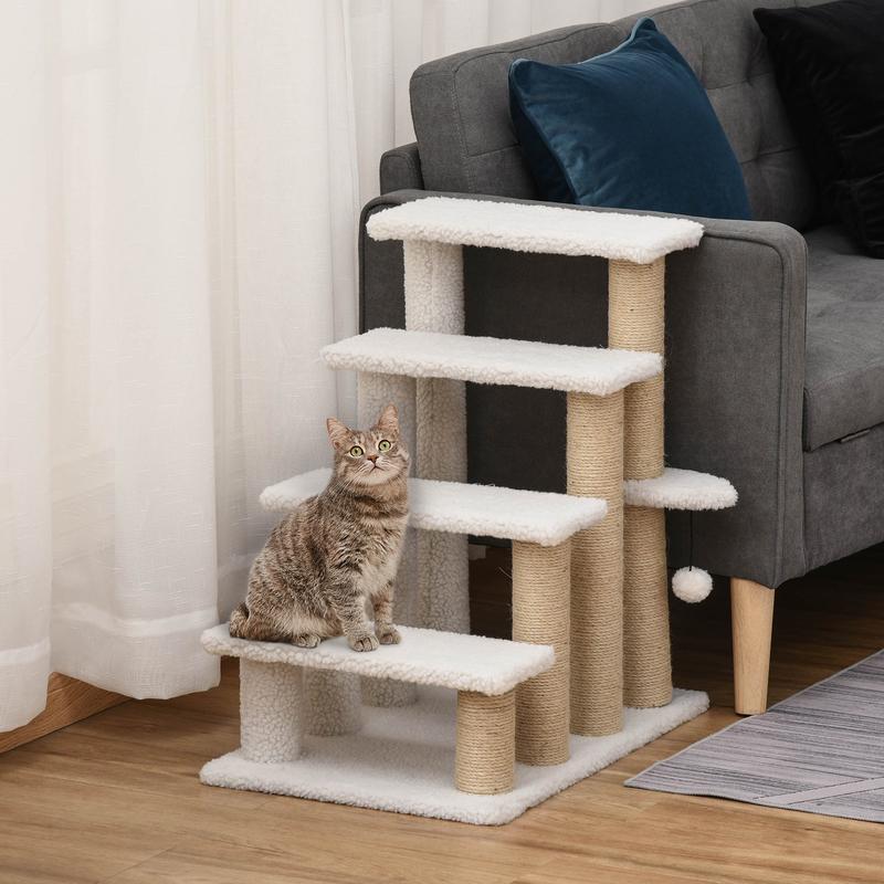 PawHut Pet Stair with 4-step Climb Ladder, Scratching Posts, Platforms, Toy Ball, for Indoor Elderly Cats Kittens, White 1