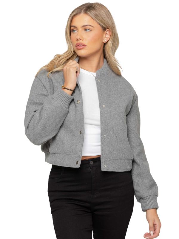 Crop Button Up Bomber Jacket - Grey 1