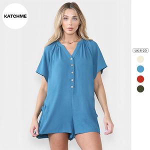 KatchMe Women's Versatile Plain V Neck Button-Up Short Sleeve Drawstring Playsuit,Trendy Solid Side Pocket Lightweight Playsuit,Fitted Womenswear