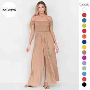 KatchMe Women's Trendy Off The Shoulder Waist Tie Pleated Jumpsuit, Summer Jumpsuit for Women,Plain Comfort Womenswear for Daily Outdoor Wear