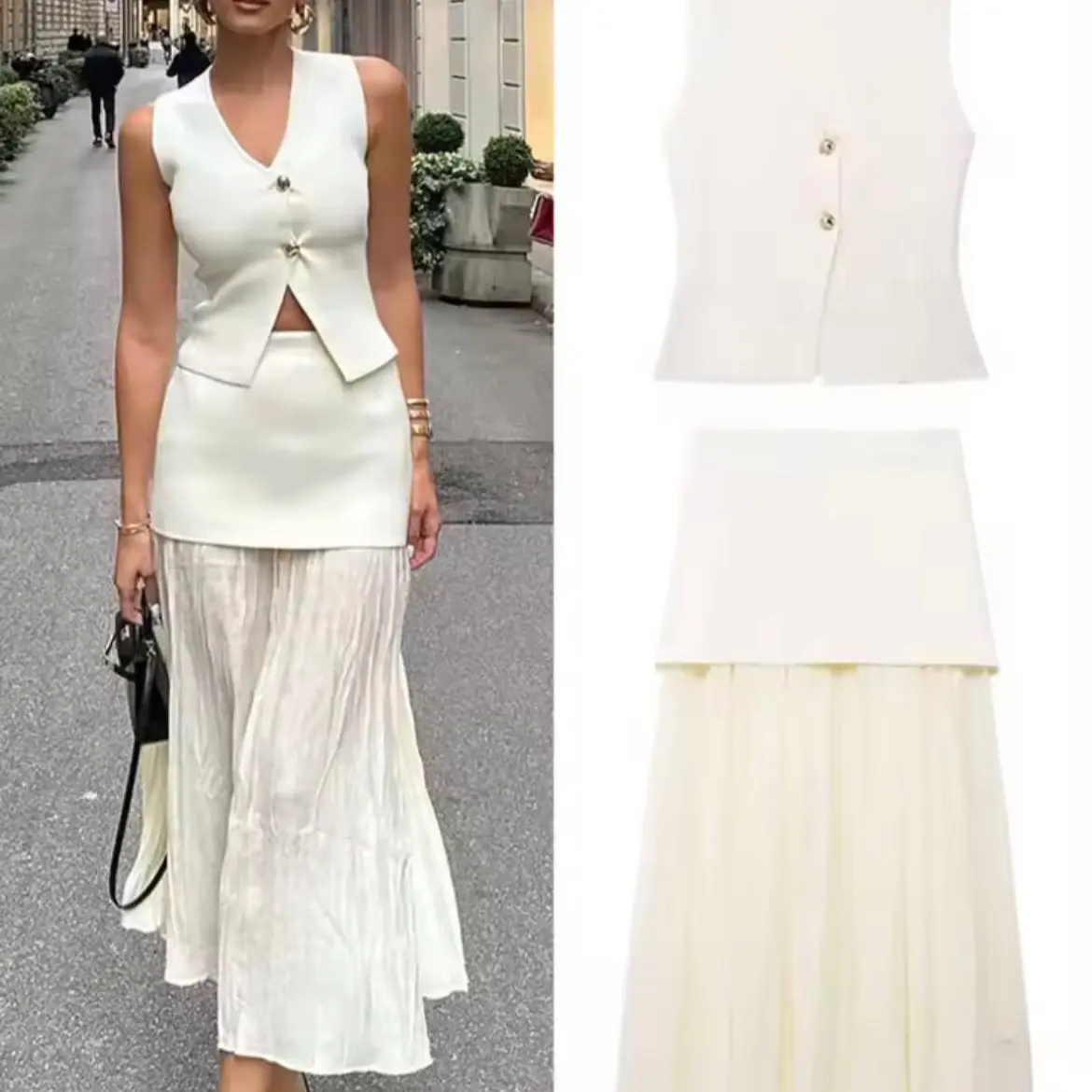 Women's Casual Two-Piece Sleeveless V-Neck Top and Skirt Set - Womenswear- Free Shipping
