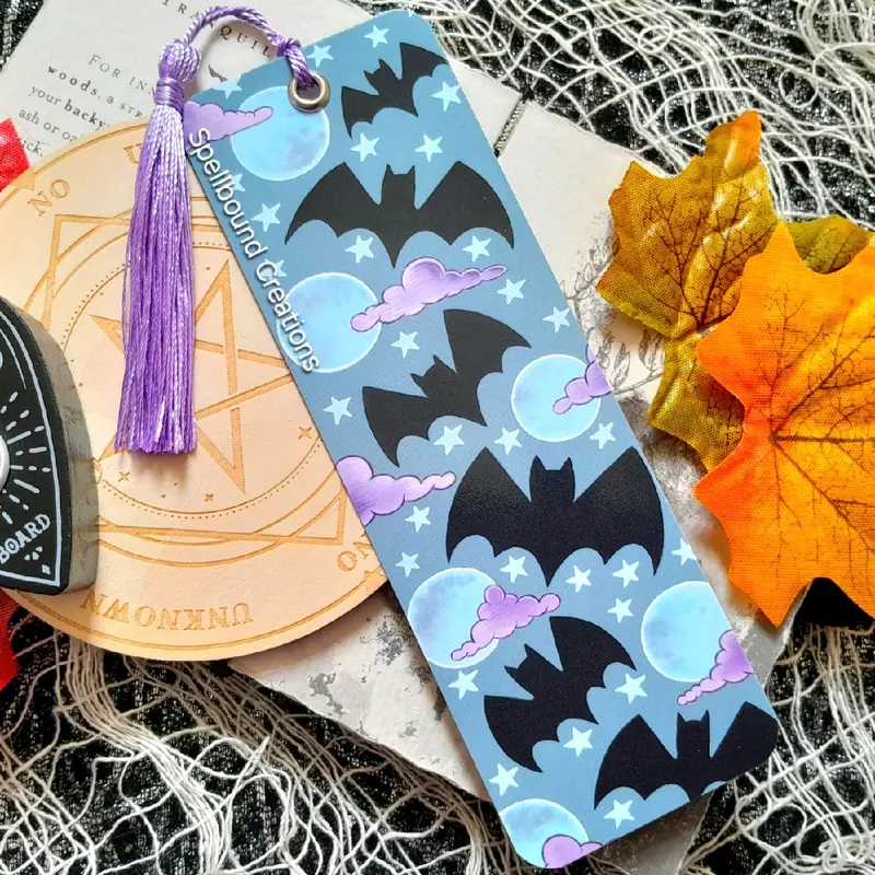 Bat And Moon Bookmark, 400gsm Quality Card, Halloween, Spooky, Book Lover Gift, Bookwork, Designed By Delilah Jones 1