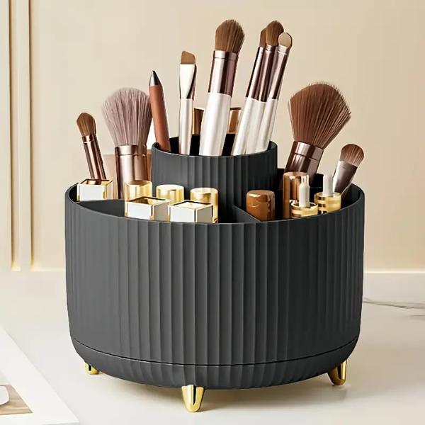 360 Rotating Makeup Organizer - 1pc Plastic Cosmetic Storage with 5 Compartments - Multi-Functional Holder for Brushes, Lipsticks, Skin Care Products, and Stationery - Durable Unscented Desk Caddy with Luxury Stripe Design Boxes black 1
