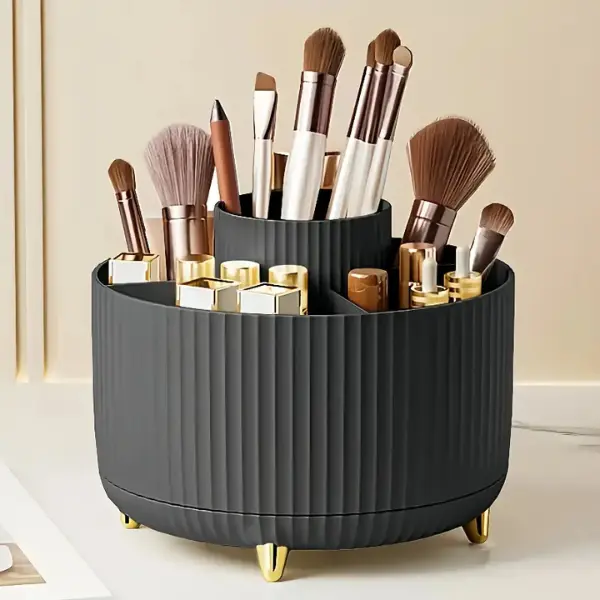 360 Rotating Makeup Organizer - 1pc Plastic Cosmetic Storage with 5 Compartments - Multi-Functional Holder for Brushes, Lipsticks, Skin Care Products, and Stationery - Durable Unscented Desk Caddy with Luxury Stripe Design Boxes black 0