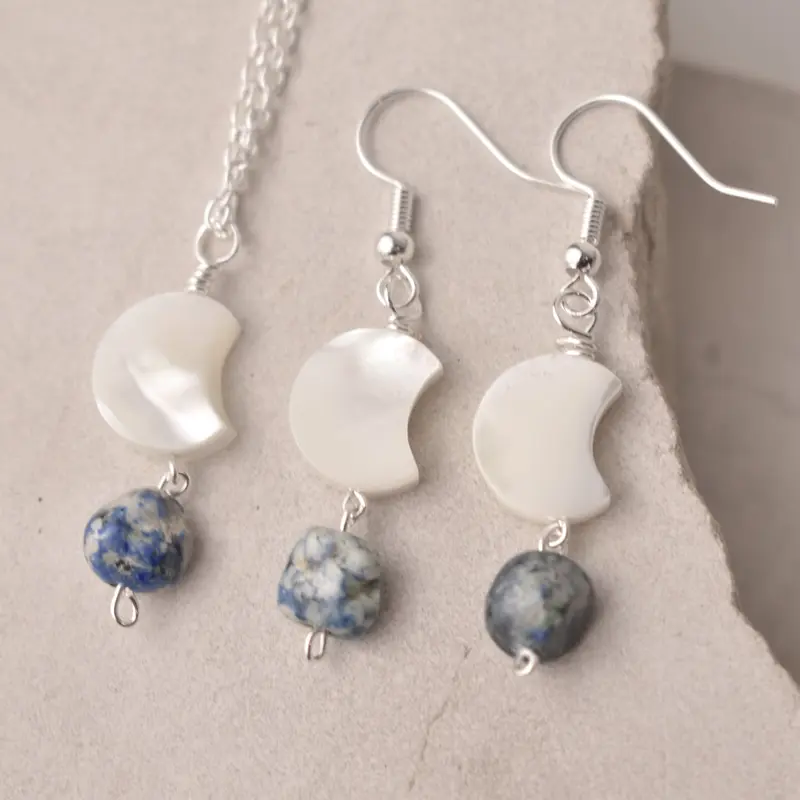 Handmade Crescent Moon Mother of Pearl with Azurite Crystal Earring and Necklace Set, Healing Crystal Drop Earring Pair, Azurite Healing Crystal Jewellery Christmas Gift 6