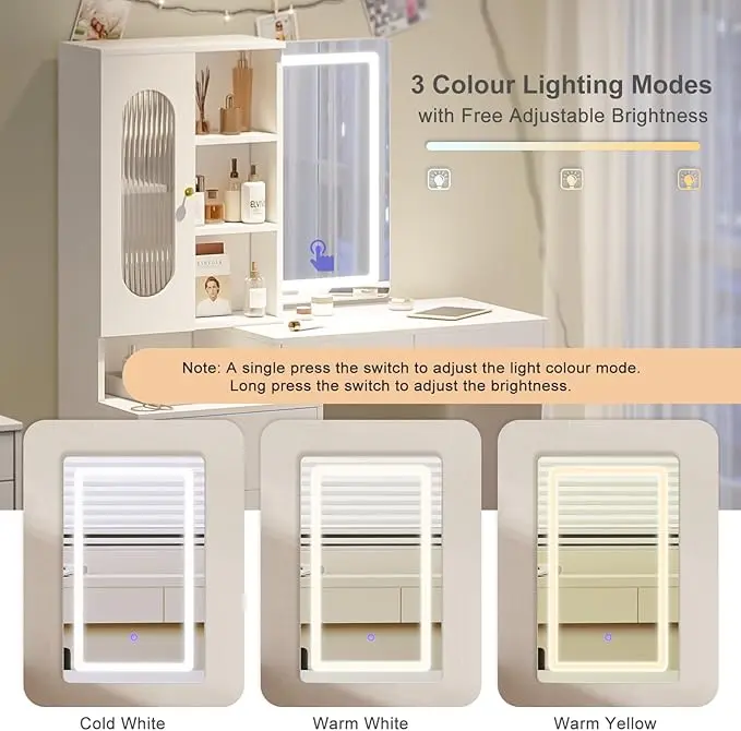 Joolihome Modern Dressing Table Set with Sliding Mirror, 5 Shelves & 5 Drawers, Adjustable 3 colors Light and Soft Stool for Bedroom 5