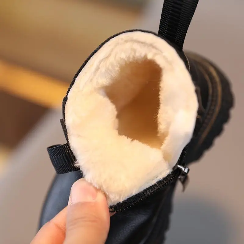 Autumn Winter Kid Boys Girls Casual Ankle Boots Comfortable Simple Side Zipper Leather Boots Velvet Warm Non-Slip Boots 4