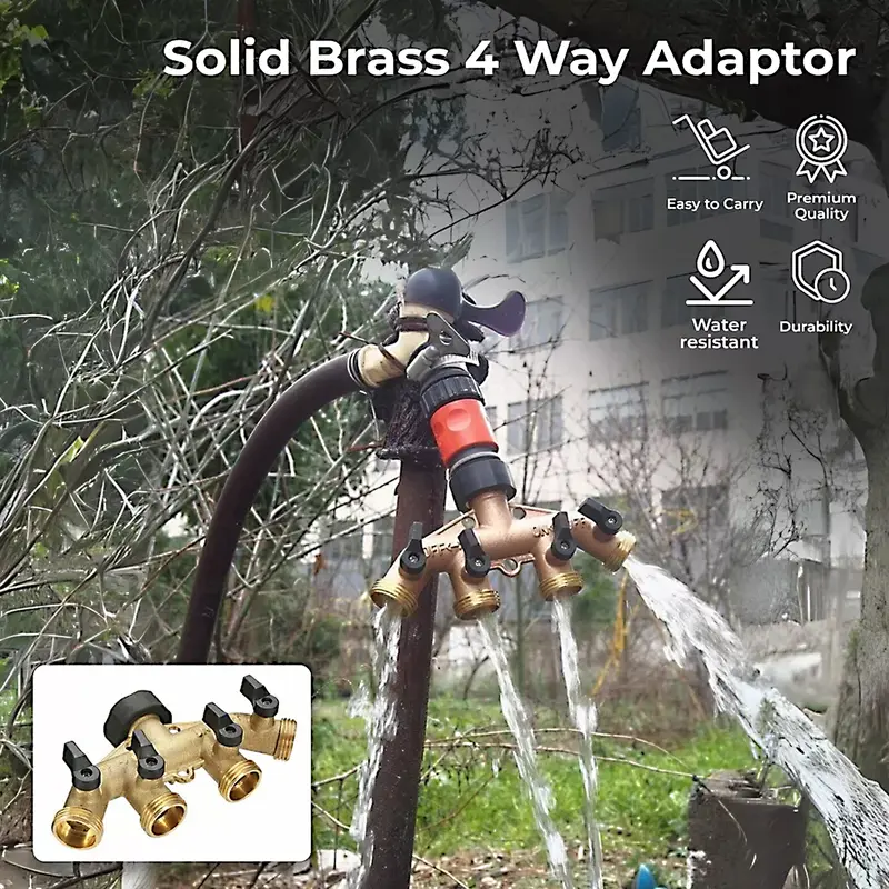 Solid Brass 4 Way Adaptor - Garden Tap Multi Hose Connector Splitter UK 0