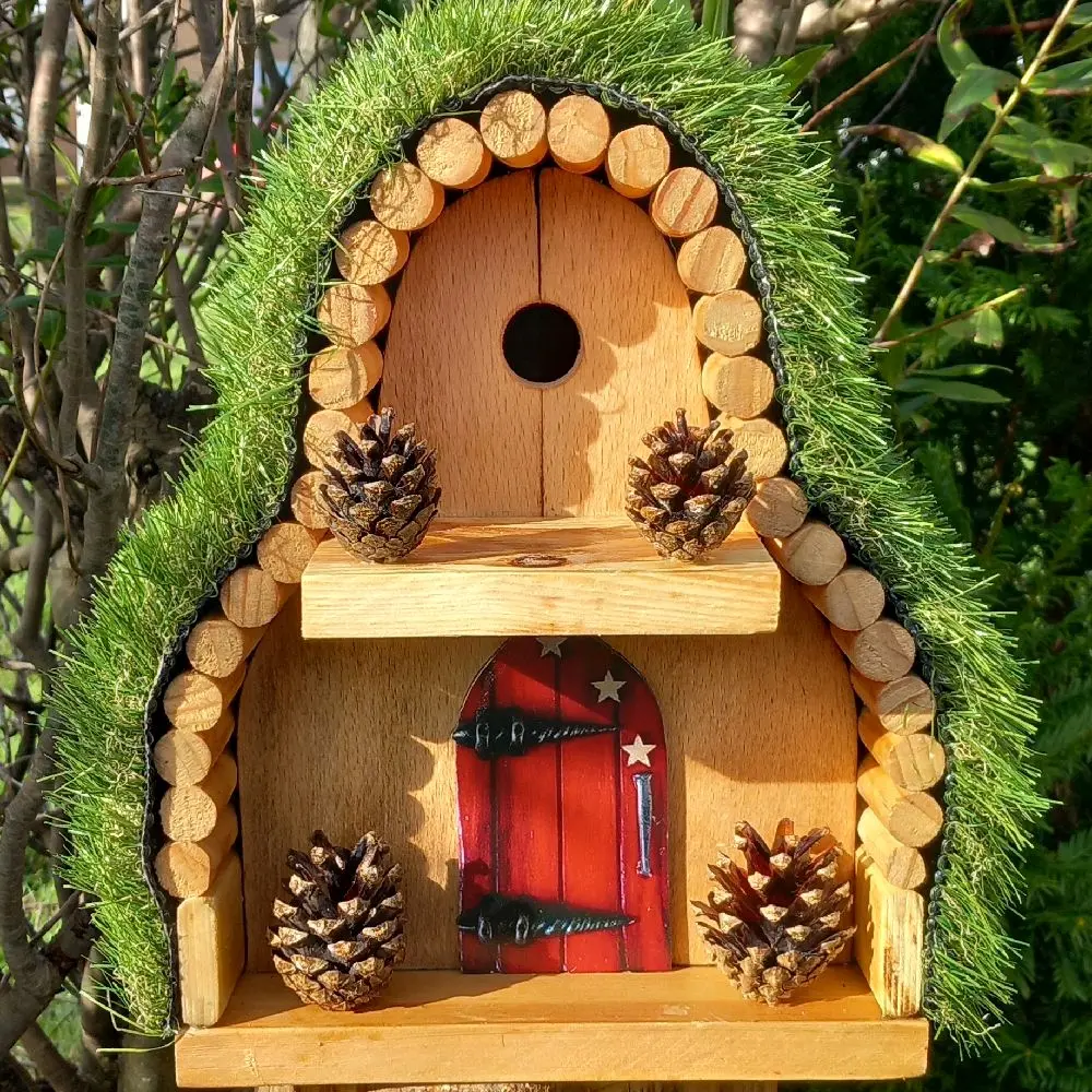 Handmade Solid Wood Birdhouse with Pine Cone Decoration - Beautiful Grass Covered