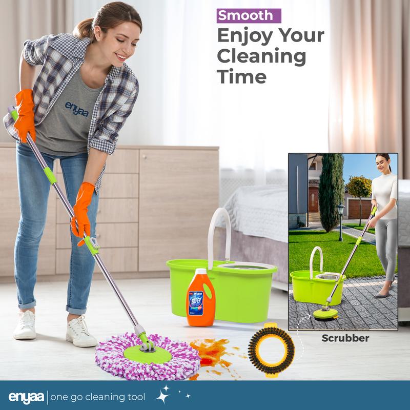 Enyaa Spin Mop Durable Stainless Steel Replacement handle + 2 Spare Microfiber Mop Heads for Rotating 360º Magic Spin Mop (Green) - MO-005 1