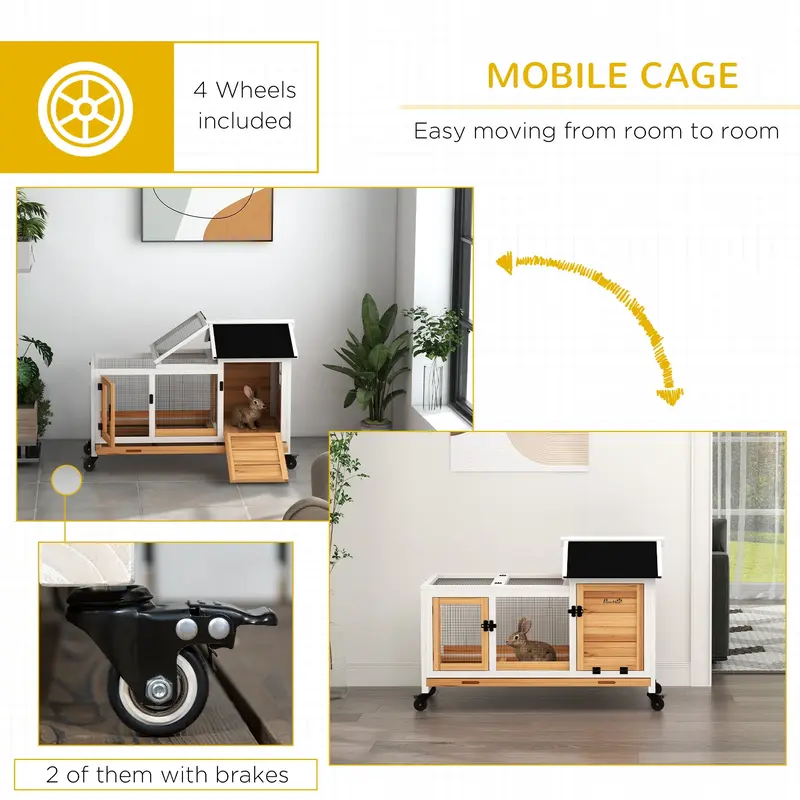 PawHut Wooden Rabbit Hutch, Guinea Pig Cage, with Removable Tray, Wheels - Yellow 6