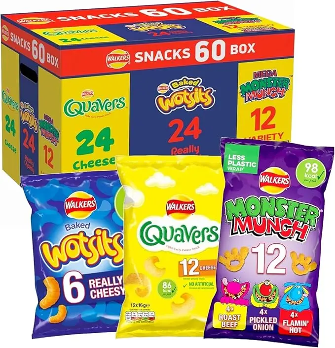 Walkers Crisps 60 Pack Snack Variety Box Quavers Baked Wotsits Mega Monster Munch Crisps Snack Mix Party Box Multi-Pack Packed