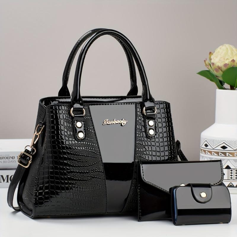 Product Introduction of 3pcs Elegant Faux Leather Satchel with Crocodile Pattern, Sequined, Spacious Multi-Functional Bag, Lightweight Fashion Handbag with Zip Closure and Fixed Shoulder Straps, with Spandex Lining for Women 7