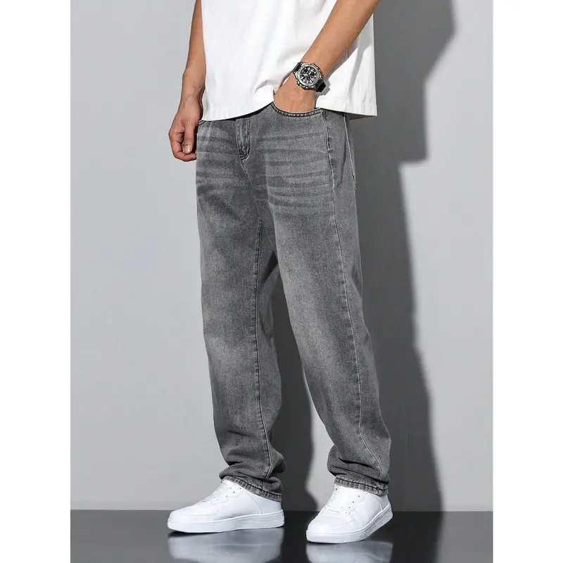 Manfinity RivetRise Men's Casual Washed Straight Leg Jeans, Men Baggy Jeans Menswear Viscose 2