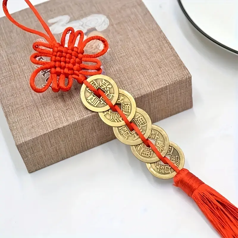 Lucky Red Chinese Knot with 5 Coins - Feng Shui Fortune Charm for Home & Office Decor, Perfect Valentine's Day or New Year Gift 0