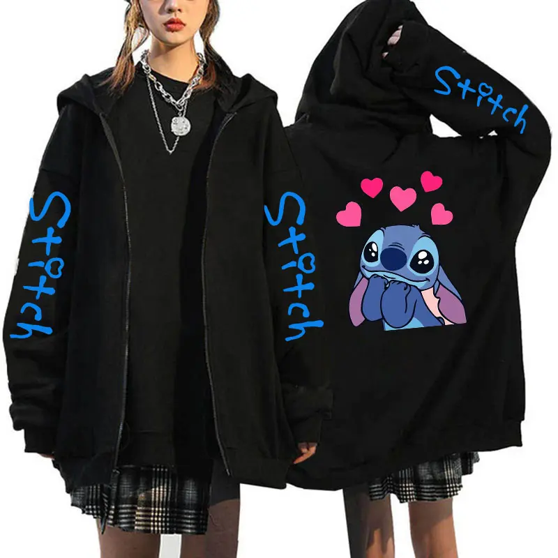 Oversized Y2k Zip-up Hoodie Women's Lilo & Stitch Costume Winter Clothes Woman Long Sleeve Warm Jacket Zip-up Street Tops