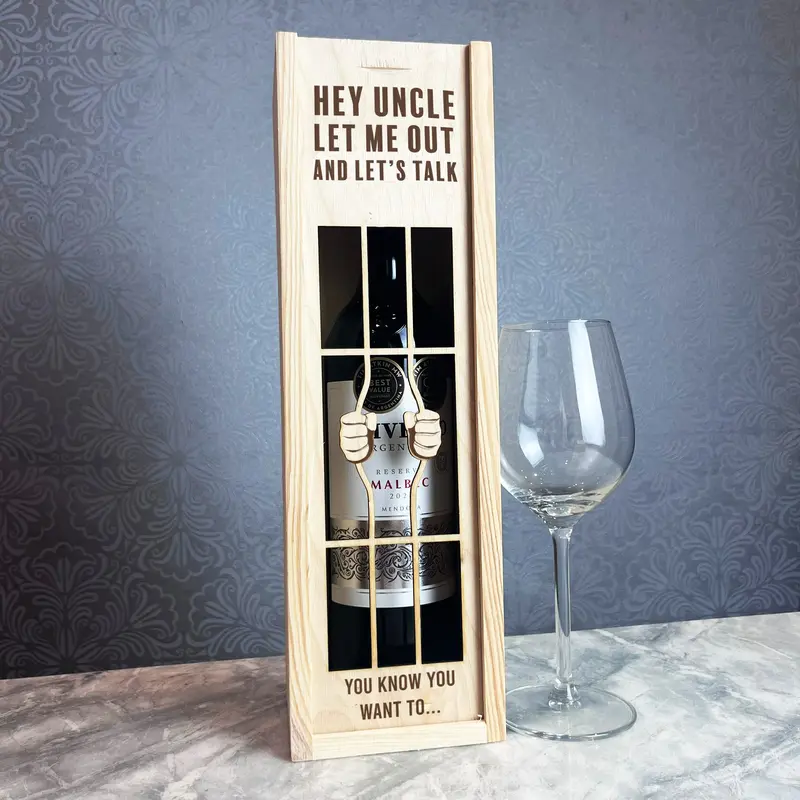 Uncle Let Me Out Lets Talk Prison Bars Wooden Rope Single Bottle Wine Gift Box - Personalised Gift, Custom Gift 1