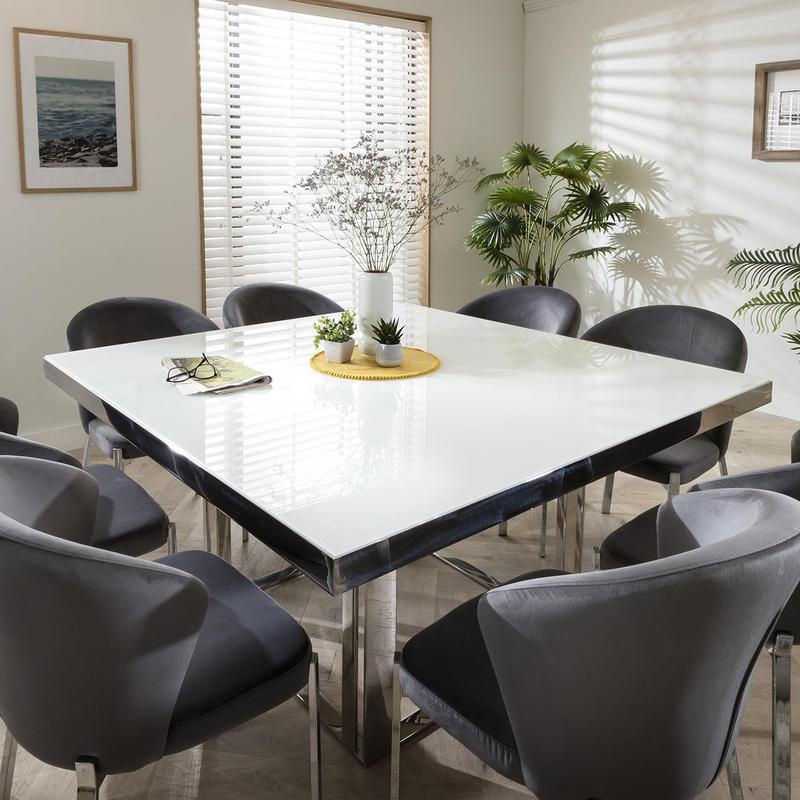 8 Seater Square Table & Velvet Chairs Dining Set Grey 2