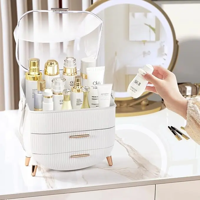 Multi-Function Make Up Case Waterproof Dustproof Cosmetic Storage Box with Transparent cover, Organizer Skin Care Products Jewelry Organizer, Finishing Box for Bedroom Bathroom Desktop, Easy to Carry In Hand, Valuable gift for mother, wife and girlfriend. 6