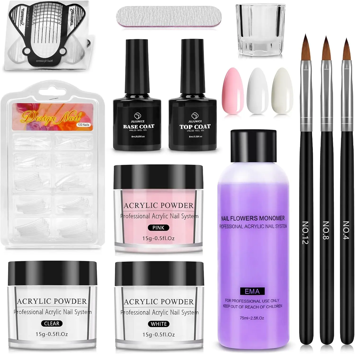 Acrylic Nail Kit,Acrylic Powder Set with Pink White Clear Colors,100PCS Nail Tips Professional Acrylic Nail Kits Set with Nail Art Brush,Glass Cup,Nail File Manicure Cutics