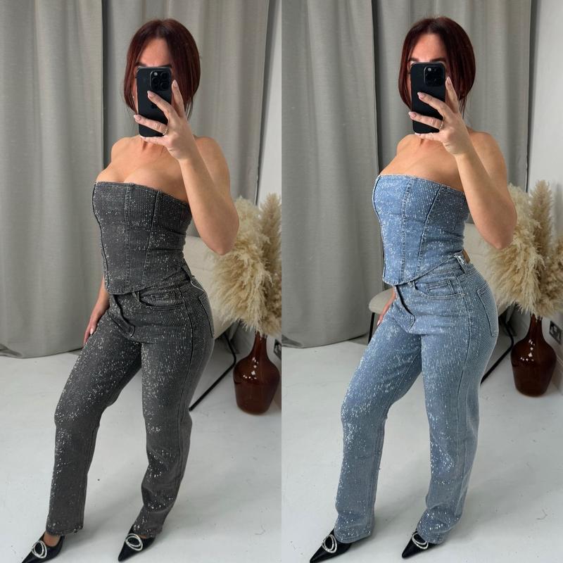 Product Introduction of Diamonte Rhinestone Jeans High Waist Christmas Party Trousers - A1089/046 Womenswear Bottom Pants Comfort Basic Dark Grey Denim Minimalist stretch  tummy  control  jeans Fitted 3