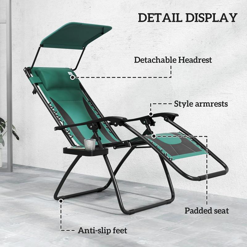 Outsunny Zero Gravity Lounger Chair, Folding Reclining Patio Chair with Shade Cover, Padded Seat, Cup Holder, Soft Cushion and Headrest for Poolside, Camping, Green 4