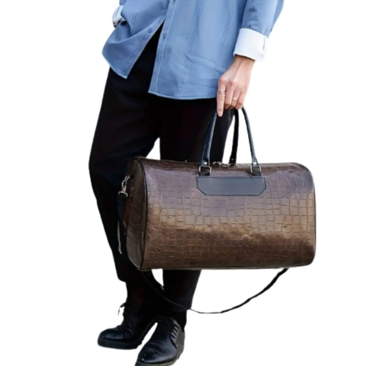 PU Leather Travel Bag Fitness Bag Spacious, Functional, and Fashionable with Crocodile Textured Design navy shockproof