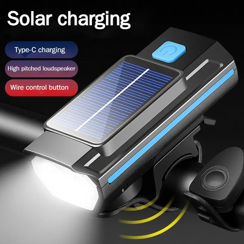 （Local Warehouse)Solar Charging Bicycle Light,Type-C Charging Riding Flashlight,Night Riding Front Lighting Horn for Night Riding Equipment and Holiday Gift
