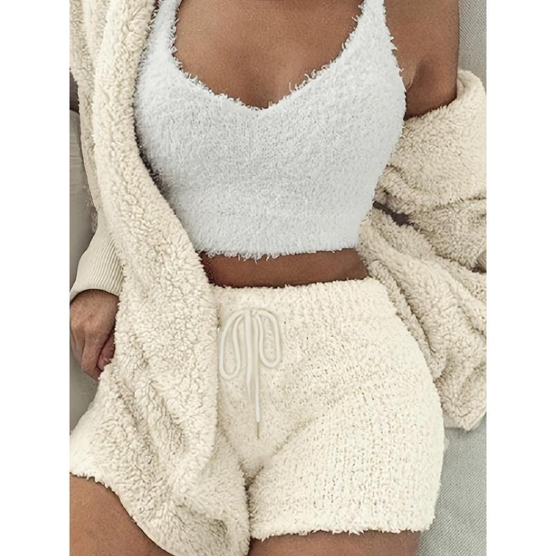 【2025】Warm Fuzzy Pajama Set, Long Sleeve Hooded Robe & Tank Top & Drawstring Shorts, Women's Sleepwear & Loungewear 1