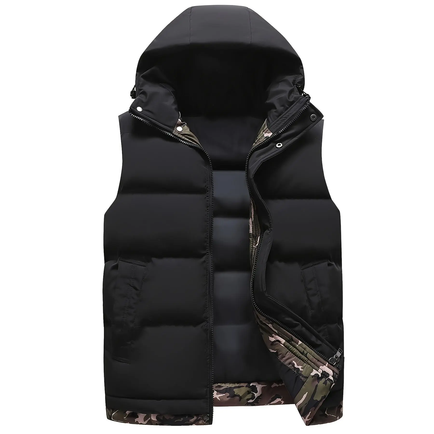 Men's Camouflage Pattern Splicing Faux Down Vest, Sleeveless Hooded Comfy Warm Trendy Winter Faux Down Vest Tops As Gift